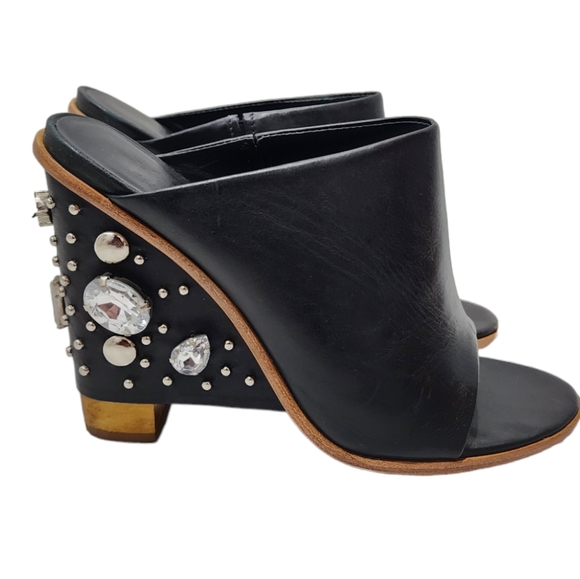 Tibi Shoes - Tibi Britt Mules Black Leather Jeweled Studded Wedge 38 Open Toe